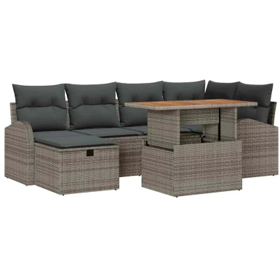 Image of vidaXL 7 Piece Garden Sofa Set with Cushions Grey Poly Rattan