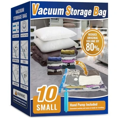 Image of Oumaru Vacuum Storage Bags for Clothes, 10 Pack Bags, Space Saver Duvets and Pillows, Hand Pump Included (Small)