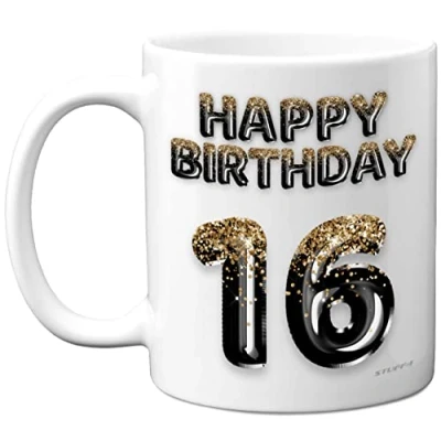 Image of 16th Birthday Gift for Boys Black Gold Glitter Balloons Happy Mug Present 16 Year Old Son Brother Grandson Cousin Friend, 11oz Ceramic Dishwasher Safe Coffee Mugs Cup