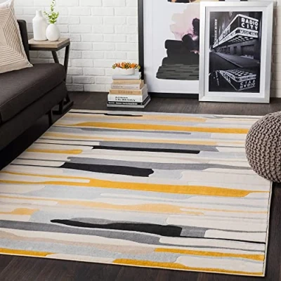 Image of Livabliss Atlanta Geometric Rug Scandi Area Rugs Living Room 160x220 cm, Dining, Kitchen Neutral, Abstract Patterned Rugs, Boho Style, Easy Care Pile Large Rug, Mustard, Grey and Beige