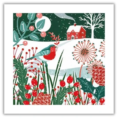 Image of Museums &amp; Galleries Christmas Cards Pack of 8 Moonlight Robin Snowy Scene Eco Friendly Recyclable