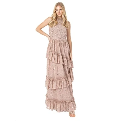 Image of Womens Maxi Dress Ladies Embellished Ruffle Sleeveless Tie Back for Wedding Guest Bridesmaid Prom Evening Occasion Taupe Blush Size 10 UK