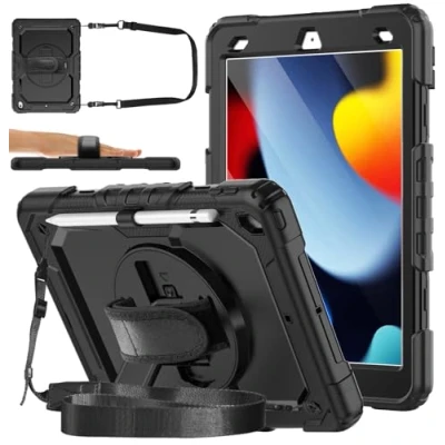 Image of DAORANGE Case for iPad 9th/8th/7th Generation 10.2 Inch, Shockproof with Screen Protector, 360 Rotating Stand/Hand Strap &amp; Shoulder and Pencil Holder 9/8/7 (Black)