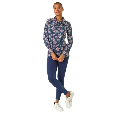 Image of Roman Originals Women Flocked Floral Cowl Neck Tunic Ladies Spring Everyday Summer Evening Vacation Work Holiday Long Sleeve Smart Casual Navy &amp; Pink Size 20