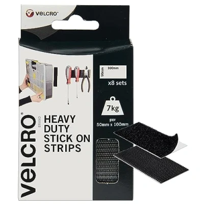 Image of VELCRO Brand Heavy Duty Stick On Strips Industrial Strength Double Sided Hook &amp; Loop Self Adhesive Perfect for Room Décor Home, Office, Garage Use Black 50mm x 100mm Set of 8