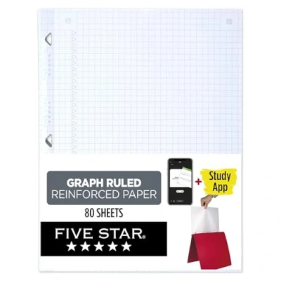 Image of Five Star Loose Leaf Paper + Study App, Notebook Paper, Graph Ruled 8 1/2&quot; x 11&quot;, 80 Sheets, Reinforced Filler Fights Ink Bleed (170122)