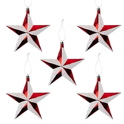 Image of Christmas Red and White Glitter Tree Hanging Decorations 5 Pack 100mm Stars 5495