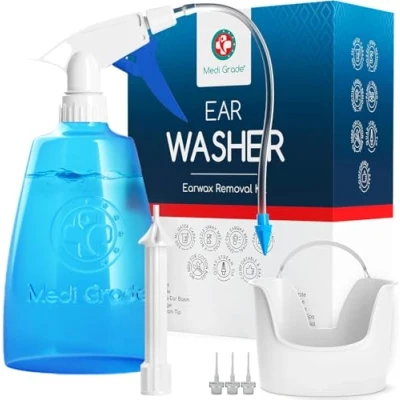 Image of Medi Grade Earwax Removal Kit with 300ml Bottle Ear Cleaner 2 Spray Nozzles Reusable Cleaning &amp; Home Wax Tool Safe Irrigation 5 Tips Basin