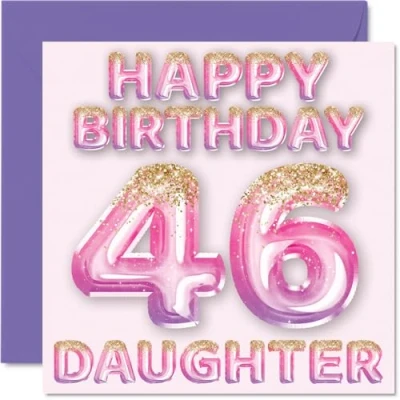 Image of 46th Birthday Card for Daughter Pink &amp; Purple Glitter Balloons Happy Cards 46 Year Old from Mum Dad Parents, 145mm x Bday Greeting Gift