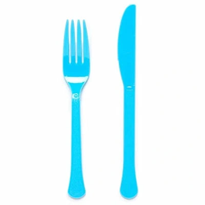 Image of Amscan 9915411 210 Bright Blue Eco Friendly Re usable Dishwasher Safe Mixed Cutlery 24 Pack