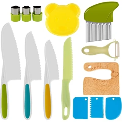 Image of 14PCS Toddler Knife for Chopping Kids Safety Knives Kitchen Set Mini Chef Kids,Plastic Children Cooking with Potato Slicer,Serrated Edges Cutters,Cutting Board, Peeler