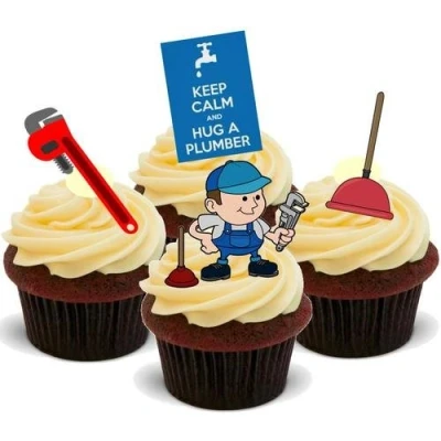 Image of Plumber Mix 12 Edible Stand Up Premium Wafer Card Cake Toppers Decorations