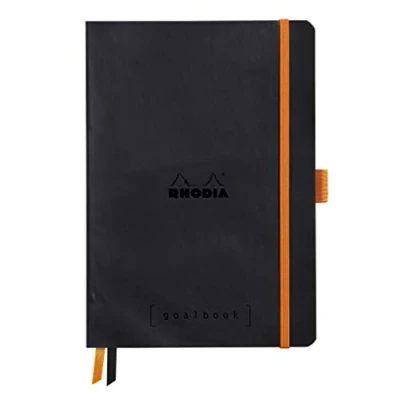 Image of RHODIA 117762C Soft Notebook Bullet Journal Goalbook Black A5 Small Squares 240 pages 90g Ivory Clairefontaine Paper 2 Ribbons, Elastic Closure Faux Leather Cover