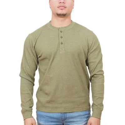Image of Enzo Moretti Mens Thermal Top Long Sleeve T Shirt Henley Cotton Rich Waffle Knit Work Casual Olive, L
