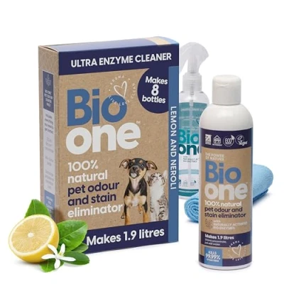 Image of Bio One Enzyme Cleaner Pet Odour Eliminator, Urine and Stain Remover Kills Bacteria Eliminates Odours from Dog &amp; Cat Urine, Faeces, Sick Carpet Cleaner, 250ml Concentrate