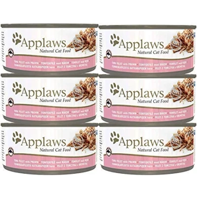 Image of Applaws 100% Natural Wet Cat Food, Tuna with Prawns, 156g Tins, Pack of 6
