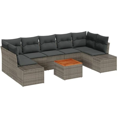 Image of vidaXL 8 Piece Garden Sofa Set with Cushions Grey Poly Rattan Acacia