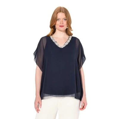 Image of Ulla Popken Women&#039;s Chiffon Blouse with Decoration, Navy, 20 22