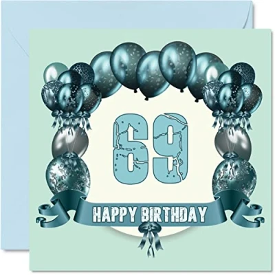Image of Fun 69th Birthday Cards for Men Balloons Happy Card Dad Auntie Uncle Nanny Cousin Grandad Gran Mum Grandma, 145mm x Greeting Cards,