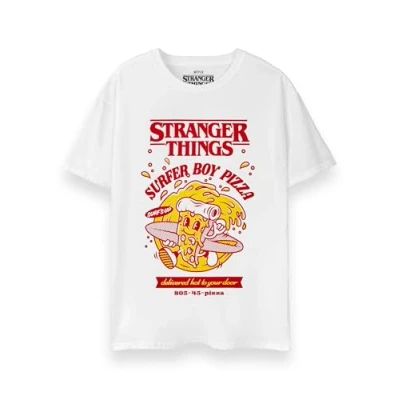 Image of Stranger Things Mens T Shirt Adults Surfer Pizza Boy Short Sleeve Graphic Tee in White Retro Vintage Style Classic Logo Apparel Top Netflix TV Series Merchandise Gift