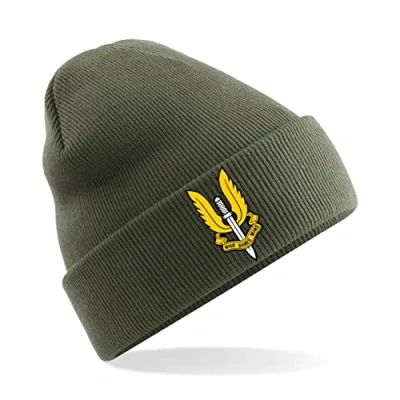 Image of PSave SAS Special Air Service Who Dares Wins Insignia Mens Premium Embroidered Beanie Hat, Bob Hat British Army Military (Military Green)
