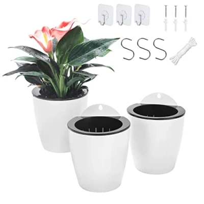Image of ORIMERC 3 Pack Hanging Planter Pots Self Watering Vertical Garden Wall Mount Window Hang Round Plastic Container Indoor Outdoor for Plants Flowers Succulent Kitchen Living Herbs Holder White Medium
