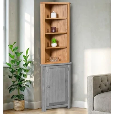 Image of Hallowood Furniture Waverly Oak Corner Storage Cabinet Top, Light Wooden Unit with 3 Adjustable Shelves for Bedroom, Shelf Display Kitchen &amp; Living Room