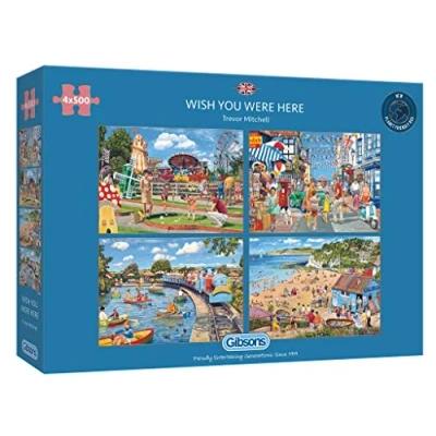 Image of Wish You Were Here 4 x 500 Piece Jigsaw Puzzles Multi Box Sustainable Puzzle for Adults Premium 100% Recycled Board Great Gift Gibsons Games