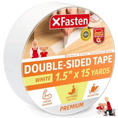 Image of XFasten Double Sided Tape, Removable, 1.5 Inch by 15 Yards, Single Roll, Adhesive Tape for Arts and Crafts, Woodworking, Holding Down Carpets Residue free