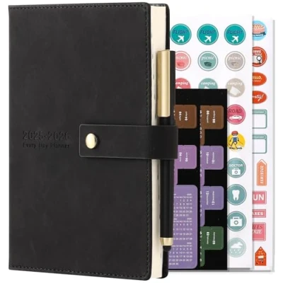 Image of Academic Diary 2025 2026, Daily Planner,A5 Day Per Page,Daily from Jul Jun 2026,Hard Cover Organisers Journals with Pen,Bookmark,Monthly Tabs,Stickers and Inner Pocket 14.5x21.5cm (Black)