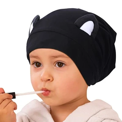Image of Hat Hut Kids Satin Bonnet Silk for Baby Girl Sleep Cap Toddler Curly Hair Adjustable Lined Beanie with Ears (Black Cat Kids)