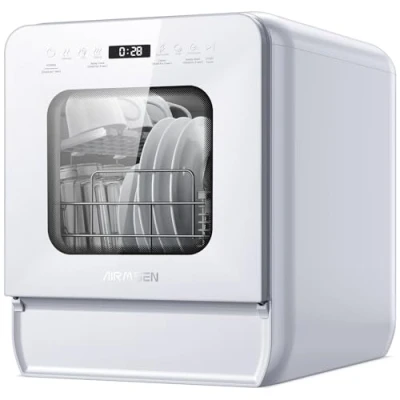 Image of AIRMSEN Portable Countertop Dishwasher Mini with 5L Tank, 9 Programs, 37 * 50cm Ultra Narrow &amp; Deep Design, 1 24H Delay Start 360 Dual Spray, Hose/No Hose Setup, White