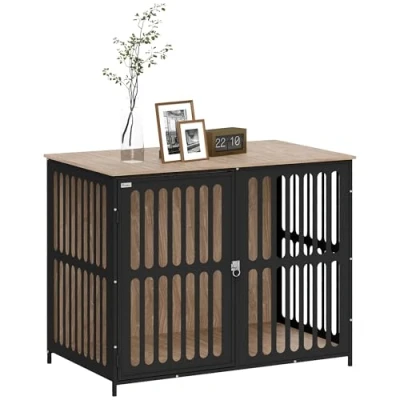 Image of PawHut Dog Crate Furniture, Cage Side End Table Indoor with Anti Chew Resistant Mesh, Escape Door, for Large Pet, 100 x 60 81.5 cm, Walnut Brown