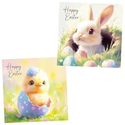 Image of Easter Cards Pack of 10. Each multipack contains 2 different Chick and Bunny Designs. Ecofriendly, recyclable, plastic free cards, envelopes box. Blank Inside.