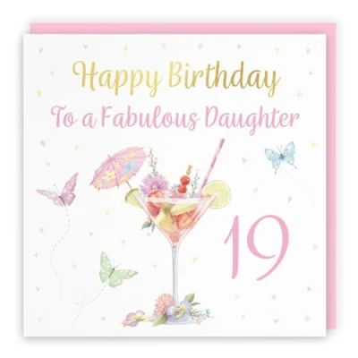 Image of Hunts England 19th Daughter Pink Cocktail And Butterflies Birthday Card Luxury Gold Foil Milo&#039;s Gallery Age 19 Drinks, Flowers, Hearts Elegant For Nineteen