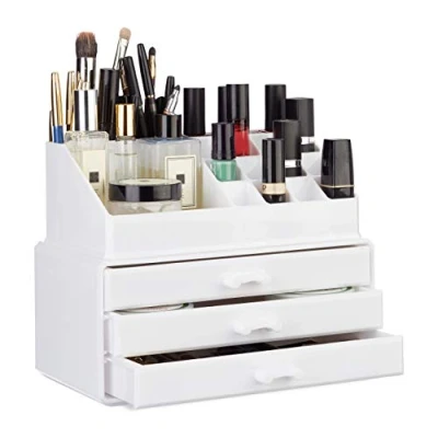 Image of Relaxdays Small Organizer, 2 Piece Cosmetics Storage with Drawers, Stackable Makeup Shelf, White, 14 x 23.5 19 cm