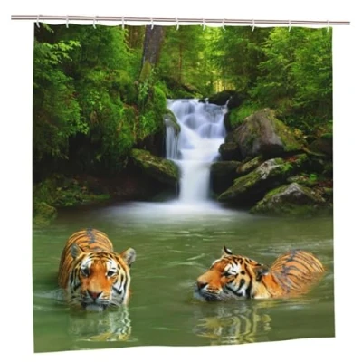 Image of YUAOEUR 3D Garden Shower Curtain 60x72 Inch Tropical Waterfall Tigers Lake Jungle Forest Picture Outdoor Green Trees Bathroom Personalized Decor Fabric with Hook