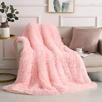 Image of YORKSHIRE HOMEWARE Long Pile Cuddly Faux Fur Shaggy &amp; Fluffy Throws for Bed Couch Sofa Chair Home Accent Decoration Blankets Warm Elegant Cozy Double 150 x 200cm (Blush)