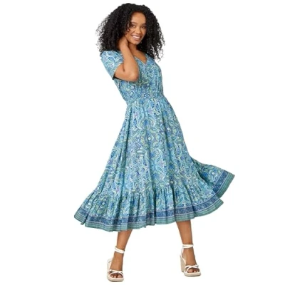 Image of Roman Originals Shirred Waist Dress for Women UK Ladies Midi Maxi Summer Spring Tiered Frill Hem Short Sleeve V Neck Button Through Boho Bohemian Gypsy Holiday Petite Blue Teal Size 18