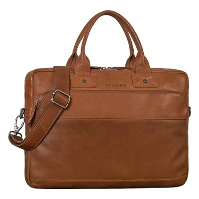 Image of STILORD &#039;Alvin&#039; Business Laptop Bag Leather Vintage Shoulder 15 Inch Notebook Bags Large for Briefcase Trolley Attachable Genuine Leather, Colour:Toretto Darkbrown