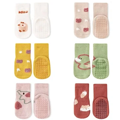 Image of FedMois 6 Pairs Baby Kids Cozy Warm Winter Socks Anti slip Infant Toddler Thermal Crew Socks, duck, 0 1 Year