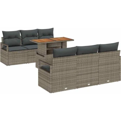 Image of vidaXL 7 Piece Garden Sofa Set with Cushions Grey Poly Rattan Acacia