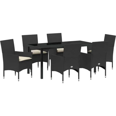 Image of vidaXL 7 Piece Garden Dining Set with Cushions Black Poly Rattan