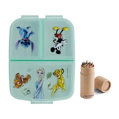 Image of OM SUPPLIES Reusable Sandwich Lunch Box 3 Multi Compartment Kids Children School Includes Half Size 12pcs Pencil Set (Disney 100)