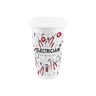 Image of Purely Home Electrician Ceramic Travel Mug Humorous Tradesman Novelty Gifts/Presents Reusable Silicone Lid Double Walled Insulated Hot/Cold Drinks Flask Cup