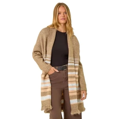 Image of Roman Originals Women Cardigan Ladies Longline Coatigan Tassel Open Front Cardi Winter Autumn Casual Textured Edge to Yarn Patterned Comfy Work Going Out Natural Multi Size 20