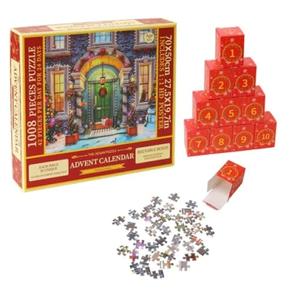 Image of Advent Calendar 2024 Christmas Jigsaw Puzzle 1008 Pieces Puzzles, 24 Days Countdown Puzzles for Adults Kids Gifts (Christmas front door)