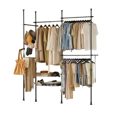 Image of SoBuy KLS04 SCH, Adjustable Wardrobe Organizer Clothes Shelf System Hanging Rail Telescopic Storage Shelving, Black