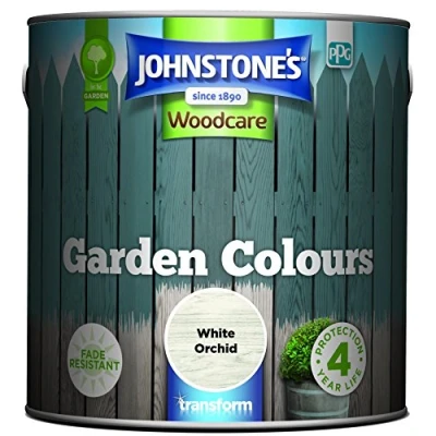 Image of Johnstone’s Garden Colours White Orchid Exterior Wood Paint Fade Resistant Suitable for Furniture Outdoors Fence Dry in 2 hours 12m2 Coverage per Litre 2.5L