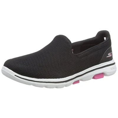 Image of Skechers Women&#039;s GO Walk 5 Slip On Trainers, Black Textile Hot Pink Trim, 3 UK